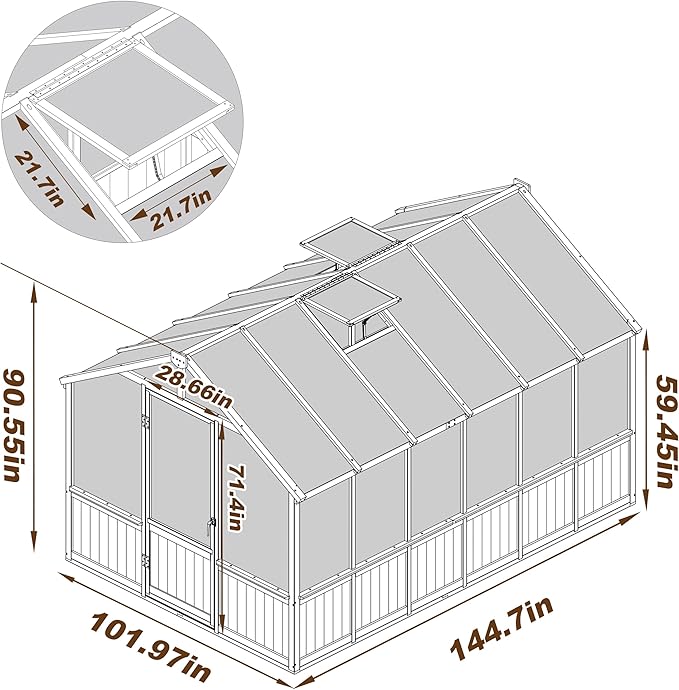 VEIKOU 8’x12’ Greenhouses for Outdoors, Walk-in Wood Greenhouse with Cedar Frame & Adjustable Vent, Garden Green House with 6MM Thick Polycarbonate Panel for Outside, Backyard, Light Brown Mocha