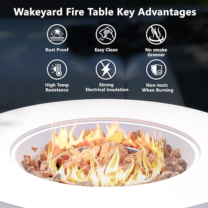 32 inch Round Propane Fire Table, 50,000 BTU Gas FirePit, Patio Fire Pit Table with Steel Lid, Rain Cover, 10ft Propane Hose, Lava Rocks, White