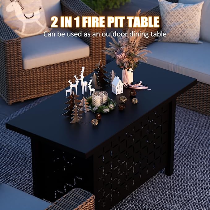 JAMFLY Propane Fire Pit Table, 43'' Gas Fire Pits Table for Outside, 2 in 1 Propane Fire Pit 50,000 BTU with Lava Rocks, Waterproof Cover and Lid
