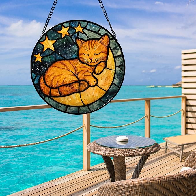 AMDERVEN Stained Glass Window Hanging - Orange Cat Sun Catcher for Door Home Decor Stars and Moon Suncatcher Christmas Mother's Day Birthday Loss of a Pet Gifts for Women Men Mom Nana 15 in