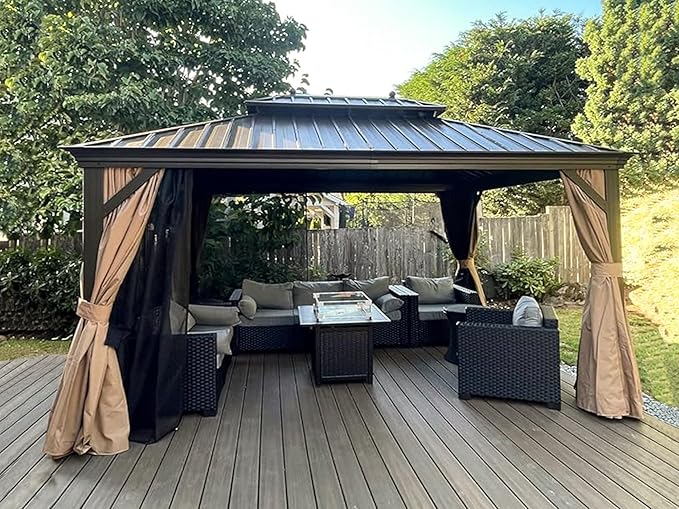 PURPLE LEAF 10' x 14' Hardtop Gazebo with Curtains and Netting for Hot Tub Heavy Duty Deck Beach Pool Backyard Outdoor Canopy Tent Sun Shade Metal Roof Patio Permanent Pavilion