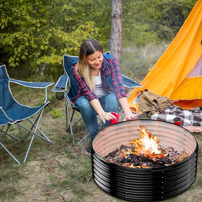 39 Inch Fire Pit Ring for Outside Wood Burning,17'' Taller High Heat Resistant Outdoor Firepit & Fireplace,Heavy Duty Galvanized Steel Fire Bowls Portable for Backyard Bonfire,Patio,Camping,Round