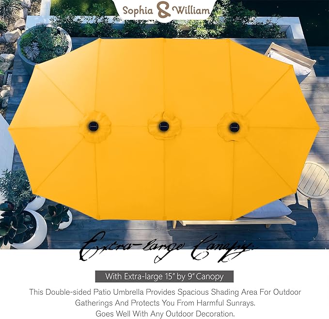 Sophia & William 15 ft Extra Large Patio Umbrella with Solar Lights, Rectangular Outdoor Umbrella with Base Included, Market Umbrella Double-sided Heavy Duty for Pool Garden Backyard, Golden yellow