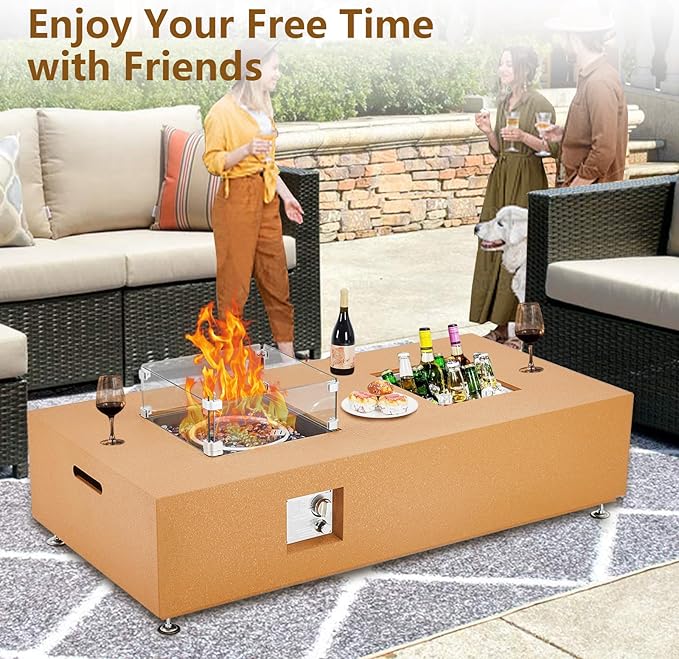 56 in Propane Fire Pit Table with Ice Bucket，50000BTU Fire Table with 13 in Square Drink Ice Bucket Wind Guard, Fire Glass Beads & CSA Safety Certified Outdoor Firepit for Patio Yard Garden(Orange)