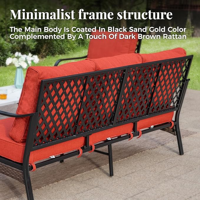 Patio Furniture Set with Coffee Table, Outdoor Conversation Set with 2 x Fixed Chairs, 1 x 3-Seat Sofa for Lawn Garden Backyard, Red