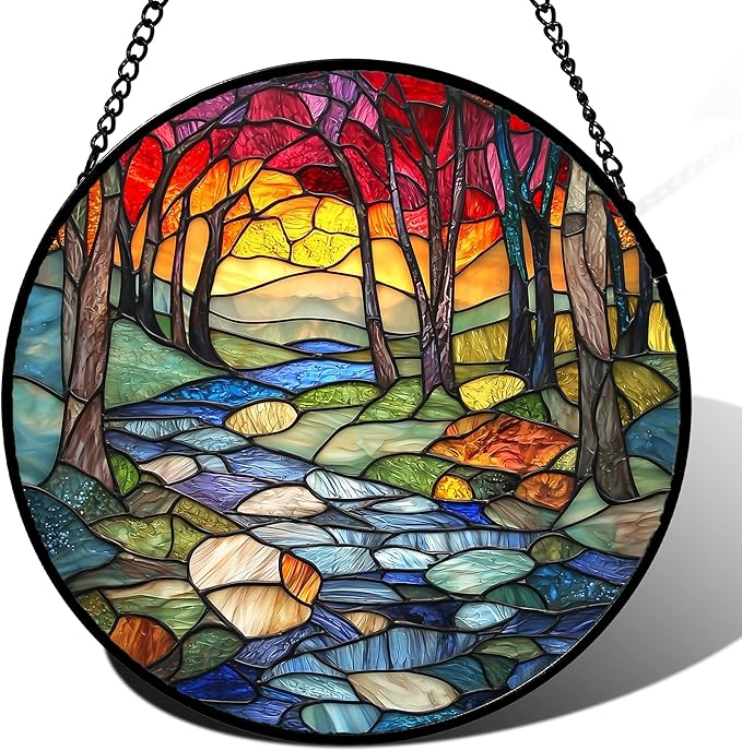 AMDERVEN Stained Glass Window Hanging, Red Tree Abstract Sunset Lake Sun Catcher for Window Home Decor Landscape Suncatcher Mother's Day Birthday Gifts for Women Men Mom and Nana 7.8 in