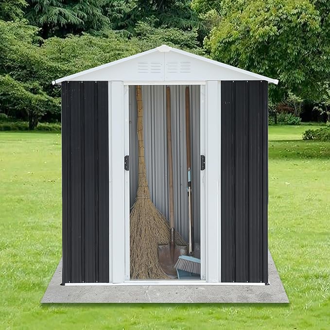 5x3 FT Outdoor Storage Shed with Base,Tool Shed with Sloped Roof and Sliding Door,All Weather Resistant Metal Shed for Backyard Garden Patio Lawn,Grey