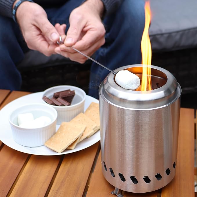 Sunnydaze Tabletop Smokeless Fire Pit with Foldable Legs, Storage Bag, and Poker - Pellet or Wood Burning Portable Fire Pit for Camping - 8-Inch H - Silver