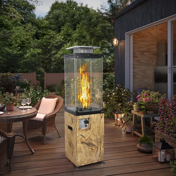 Afterglow Outdoor Patio Propane Fire Heater with Weather Cover Glass 41000 BTU Fireplace Patented & CSA Certificated, Wood Grain Brown
