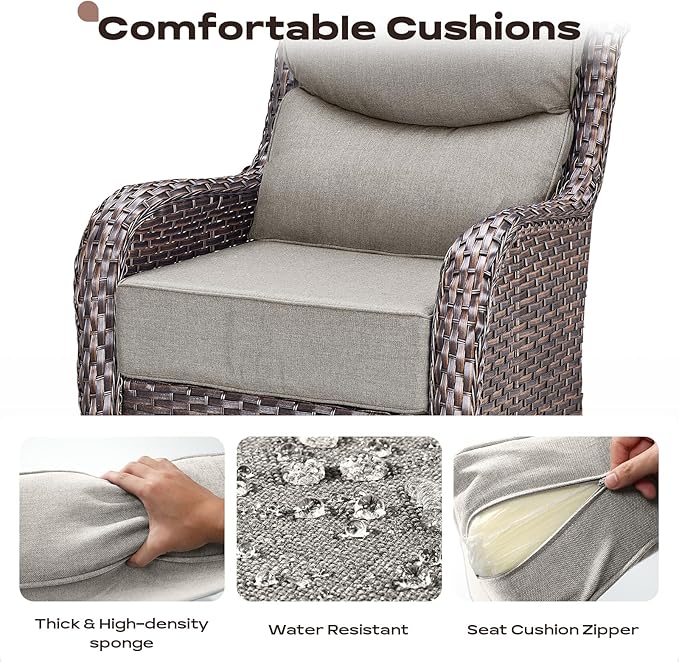 Rilyson Wicker Outdoor Patio Furniture Set - 4 Piece Patio Conversation Set with Swivel Rocker Chairs and Ottomans, 6 inch Cushions, High Back, Deep Seating, for Porch Deck Garden Brown/Beige