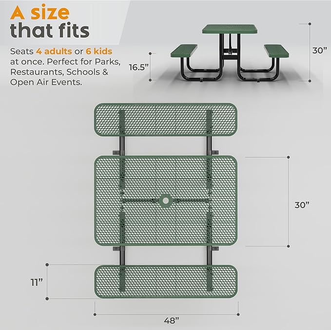 Commercial Heavy-Duty Metal Picnic Table - ADA Compliant, Adjustable Seats, Umbrella Hole, Expanded Metal (Green, 4' Rectangular)
