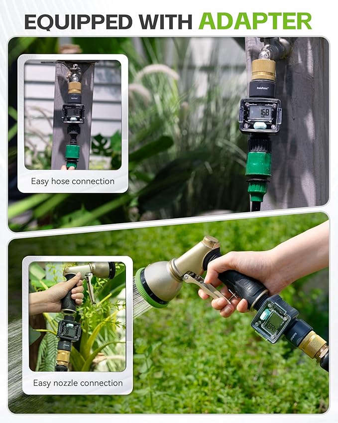 RAINPOINT Water Flow Meter with Brass Inlet, ±5% Accuracy, Max Measured Consumption of 9999.9 Gallon/Liter, Water Meter for RV Tank Filling, Garden Hose Watering, Lawn Sprinkler & Nozzle Sprayer
