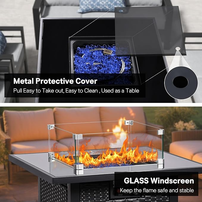 FHFO 28" Propane Fire Pit Table, Outdoor Square Fire pits with Cover,50,000 BTU Steel Gas Firepit, CSA Certified, Pulse Ignition,Glass Stone,Wind Guard, Ideal for Outdoor Patio, Outside, Dining-Black