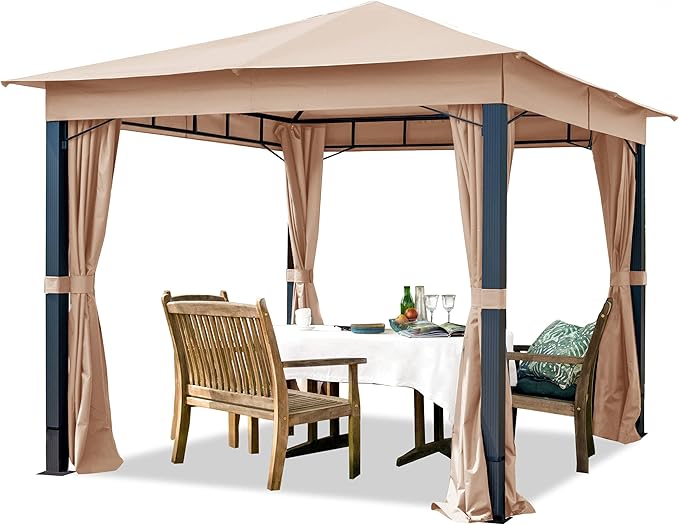 TOOLPORT Gazebo 10X10 Ft with Approx. 6.5 Oz/Yd² Waterproof Tarp Roof Pavilion with 4 Curtains in Cappuccino