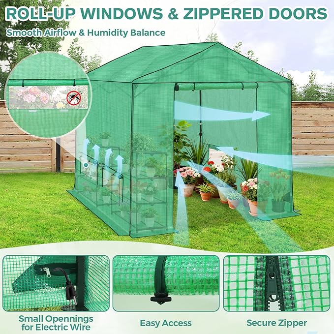 COOS BAY 8x8 FT Pop up Greenhouse Outdoor, Walk in Green House with Power Access Openings, Zippered Doors & Windows, Durable PE Cover, Green