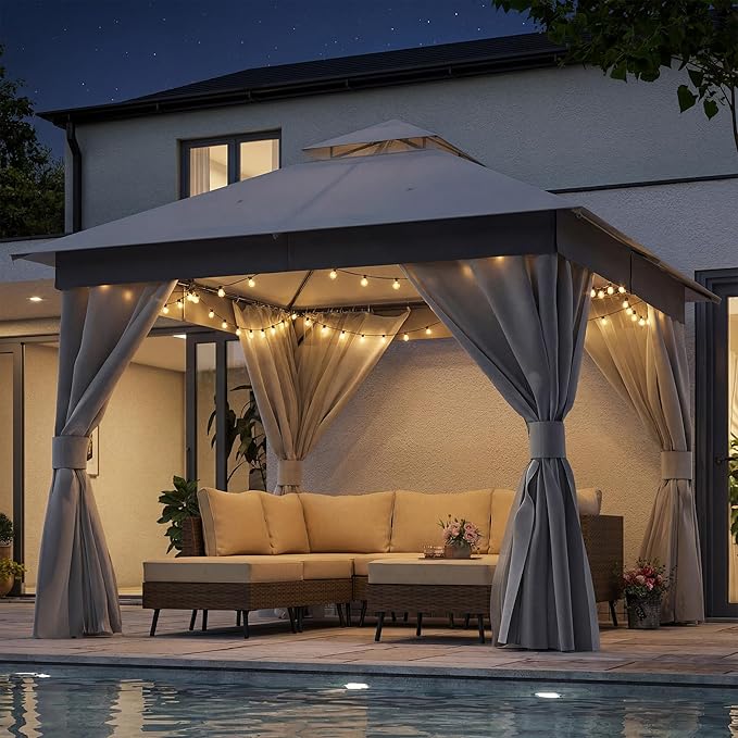 LAUSAINT HOME Outdoor Patio Gazebo 10'x10' with Expansion Bolts, Heavy Duty Party Tent & Shelter with Double Roofs, Mosquito Nettings and Privacy Screens for Backyard (Grey)