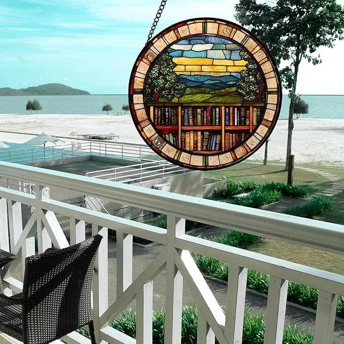 QZQCBLC Stained Glass Window Hanging Retro Books Scenery 6.3" - Abstract Suncatcher Door Garden Sun Catcher Home Decor Birthday Christmas for Mom Men Woman Nana Friend Wife