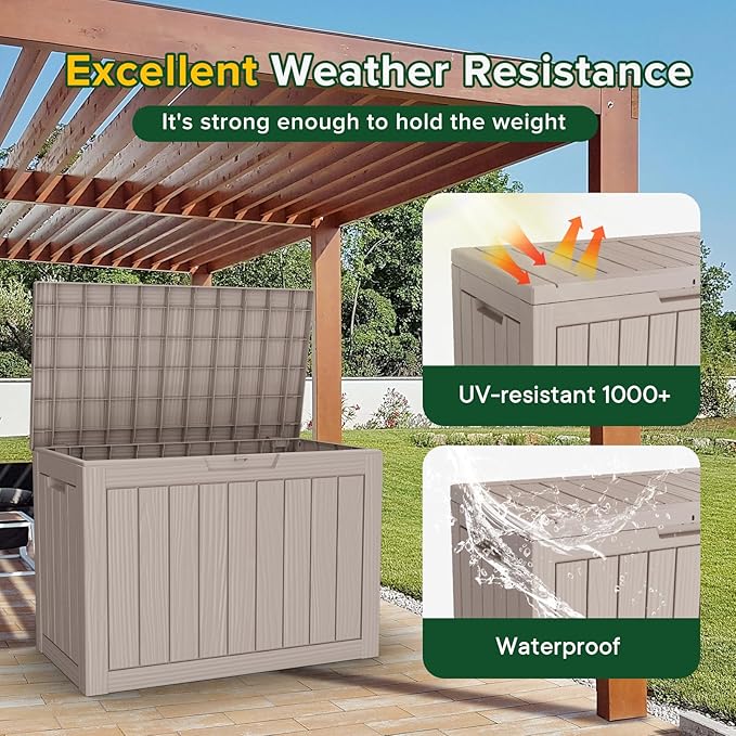 45 Gallon Resin Deck Box, Waterproof Outdoor Storage Box for Patio, Poolside, and Garden, Lockable UV-Resistant Storage Bin Bench Cabinet for Small Spaces, Grey