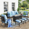 MFSTUDIO 6 Pieces Patio Furniture Sets with 45" Gas Fire Pit Table(Up to 7 Seat),Outdoor Metal Conversation Sofas with 1 x 3-Seat Sofa,2 Rocking Chairs and 2 Ottoman,Blue Cushion