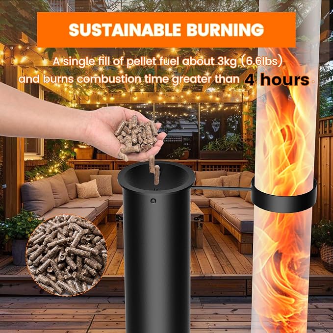 71 Inches Wood Pellet Fire Pits with Wheels - Portable Wood Pellet Heater with Thickened Base- Smokeless Patio Rocket Stove - Painted Stainless Steel Outdoor Fire Pit for Backyard Camping