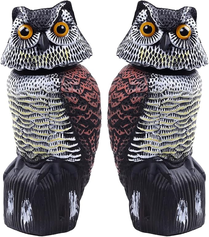 Hedoc 2 Pack Fake Owl Decoys to Scare Birds Away(15 inch), Rotating Head Sculptures, Nature Enemy Scarecrow Plastic Statues, Pest Repellent,Pigeon Deterrent Outdoor Yard, Garden Protectors