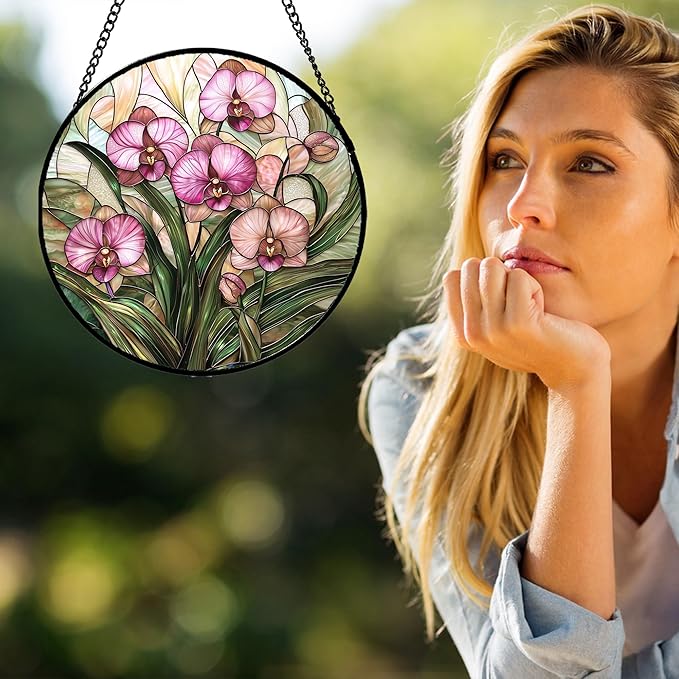 AMDERVEN Stained Glass Window Hanging - Pink Phalaenopsis Orchid Green Leaves Sun Catcher for Door Home Decor Flower Suncatcher Christmas Mother's Day Birthday Gifts for Women Men Mom Nana 6.3 in