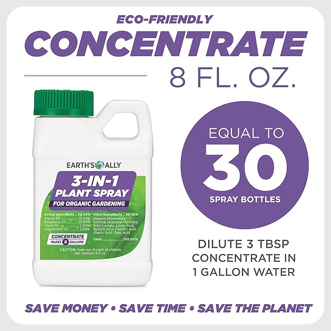Earth's Ally 3-in-1 Plant Spray 8 Oz Concentrate for Pests and Disease - Organic Insecticide, Fungicide, Miticide - OMRI Listed for Indoor Houseplants and Outdoor Garden - Safe for Bees, Kids, Pets