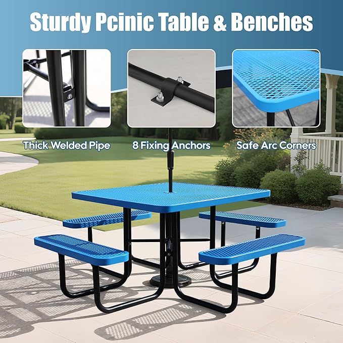 Sunnibety 8-Person Picnic Tables for Outdoors, Industrial 46" Expanded Metal Square Picnic Table with 4 Benches & Umbrella Hole, Outside Table and Bench Set for Garden, Backyard, Porch, Patio, Blue