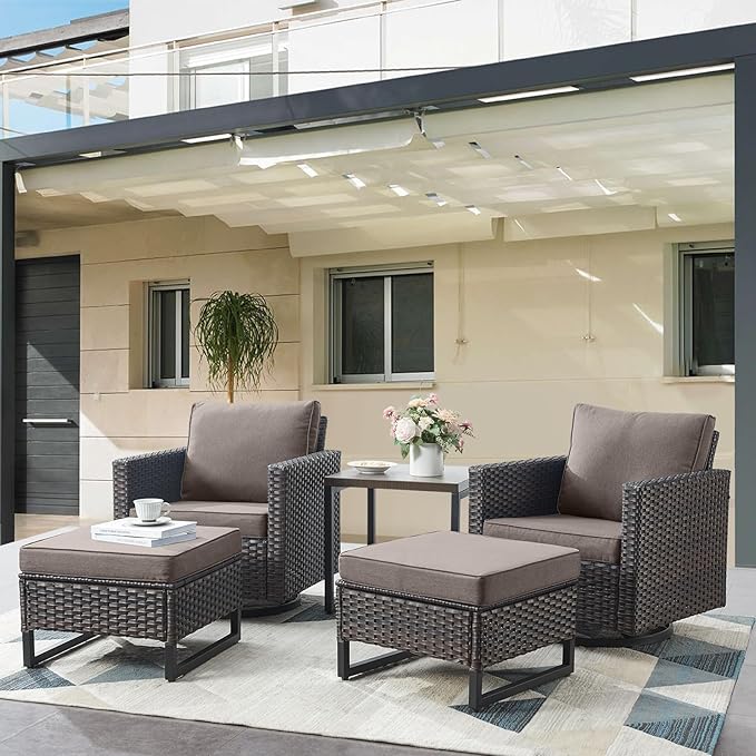 Outdoor Swivel Rocker Chairs - 5 Piece Patio Bistro Set Wicker Patio Rocking Chairs Set with Side Table and Ottomans, 360° Swivel Glider Proch Furniture for Balcony Deck - Brown/Grey