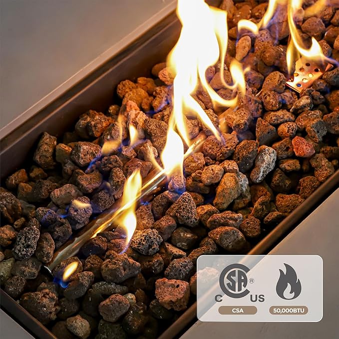2 Pieces 42-Inch Outdoor Propane Fire Pit Table w/Tank Cover - 50,000 BTU, CSA-Certified Concrete Rectangle Firepits | Integrated Ignition, Steel Lid, Lava Rocks & Rain Cover Included