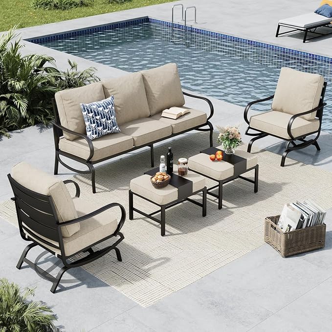 MFSTUDIO 5 Pieces Patio Conversation Sets,Outdoor Metal Furniture Sofas with 1 x 3-Seat Sofa, 2 x Rocking Chairs,2 x Ottoman,Wrought Iron Frame with Beige Cushion for Patio Courtyard Balcony