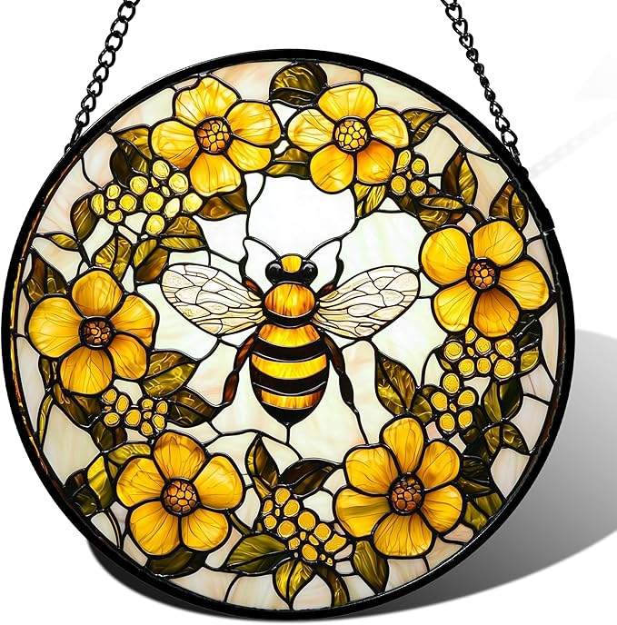 AMDERVEN Stained Glass Window Hanging - Yellow Flowers Surrounded by Bees Sun Catcher for Door Garden Home Decor Cute Suncatcher Christmas Mother's Day Birthday Gifts for Women Men Mom Nana 7.8 in