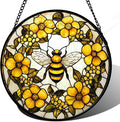 AMDERVEN Stained Glass Window Hanging - Yellow Flowers Surrounded by Bees Sun Catcher for Door Garden Home Decor Cute Suncatcher Christmas Mother's Day Birthday Gifts for Women Men Mom Nana 7.8 in