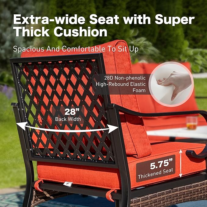 SUNSHINE VALLEY 4 PCS Metal Outdoor Patio Furniture Set, Patio Conversation Sets 3-Seater Sofa, 2 Rocking Chairs with 5.75" Extra Thick Cushion & Coffee Table, Black Frame Backyard Furniture, Rust Red
