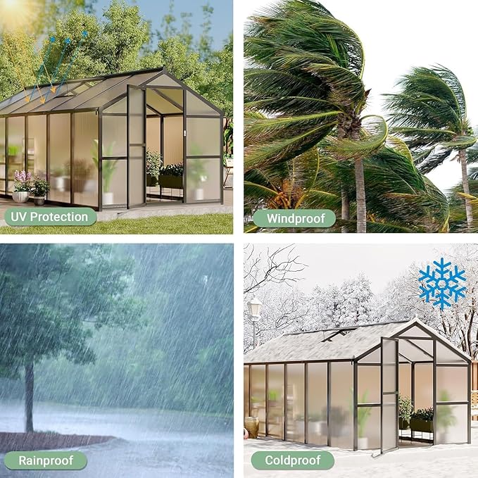 Greenhouse, 6x10 Ft Outdoor Greenhouses, Accessible Green House with Roof Vents and Sliding Doors, Aluminum Frame Polycarbonate Greenhouses, Large Greenhouse for Outdoor Gardens and Backyards, Silver