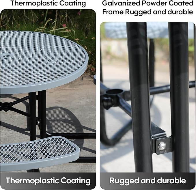 8-Person Outdoor Picnic Tables,46" Heavy-Duty Metal Round Picnic Table,Expanded Metal Commercial-Grade Table with 4 Benches & Umbrella Hole,Waterproof Coating Beach Table for Patio,Garden, Backyard