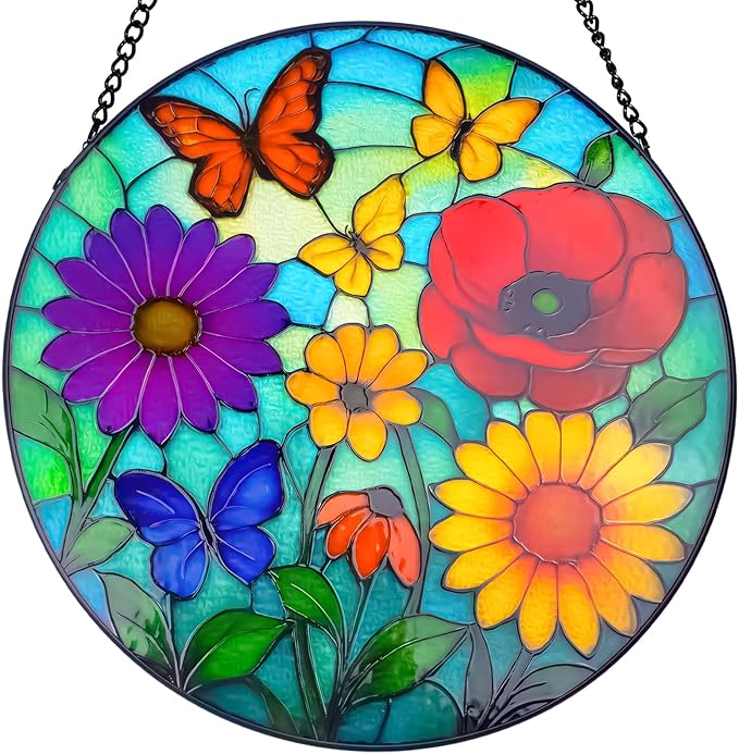 Wildflowers Stained Glass Window Hanging - Wildflowers Suncatcher for Indoor Window, Floral Stained Glass Decor for Garden, Home, Outdoor, Sun Catchers Birthday Gift for Women,Lovers and Mom 12 Inch