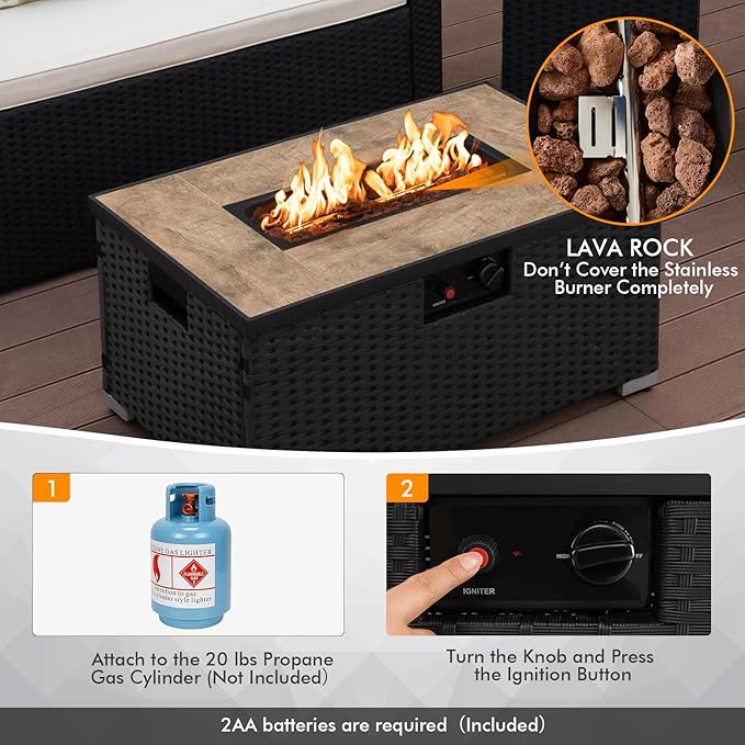 Tangkula 2 Piece Outdoor Propane Fire Pit Table Set with Hideaway Propane Tank Holder, 40,000 BTU Rattan Wicker Fire Pit Table with Lava Rocks, Waterproof Cover, Ideal for Backyard, Patio (Black)