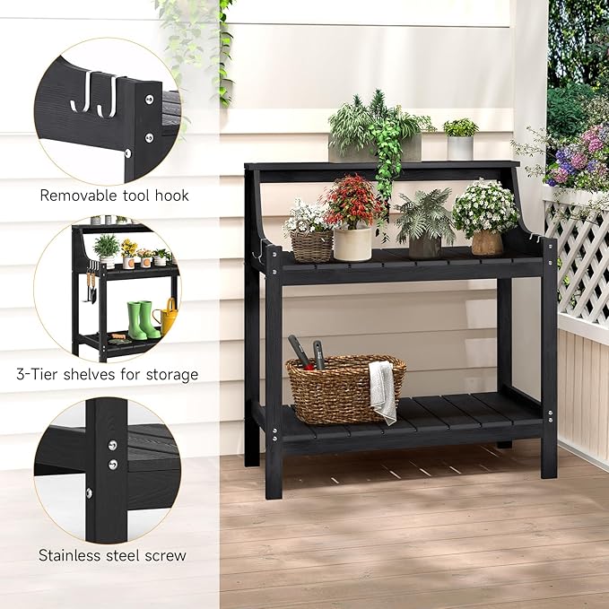 ONBRILL Potting Bench, HDPS Potting Bench with 4 Side Hooks, All-Weather Garden Table Work Station, Outdoor Potting Table for Porch, No Rust, No Fade, No Break, 360lbs Capacity (Black, Large)