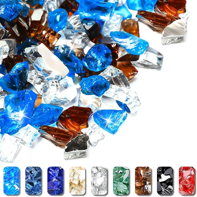 GRISUN Fire Glass Blended for Fire Pit, 1/2 Inch 10 Pounds High Luster Reflective Tempered Glass Rocks for Natural or Propane Fireplace, Safe for Outdoors and Indoors Fire Pit, Copper, Blue, White