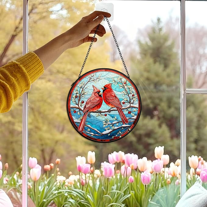 cvjutf Cardinal Suncatcher Stained Glass Window Hanging Decor, Winter Christmas Cardinal Stained Glass Wall Decor, Christmas Bird Lawn Garden Sun Catchers Indoor Window Hanging Wall Art, 7.9x7.9In