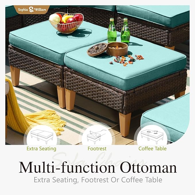Sophia & William Patio Furniture Sets, 7 Piece Sectional Outdoor Rattan Wicker Sofa, All Weather Patio Conversation Set for Deck Backyard Lawn, Outdoor Couch, Blue