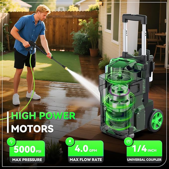 Professional Pressure Cleaner 5000 PSI,Heavy Duty Power Cleaner with 4 Nozzles,Foam Cannon,33FT Hose and 500ml Soap Bottle for Home/Cars (Green)