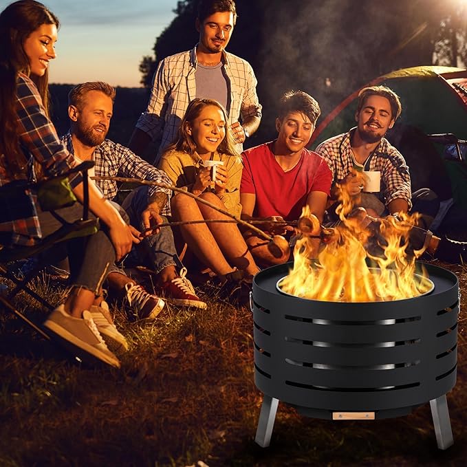 26 Inch Smokeless Fire Pit, Large Outdoor Wood Burning Firepit with Removable Ash Pan & Waterproof Cover, Fire Poker, Lid, Portable Fire Pits for Outdoor Patio, Bonfire, Camping, Backyard