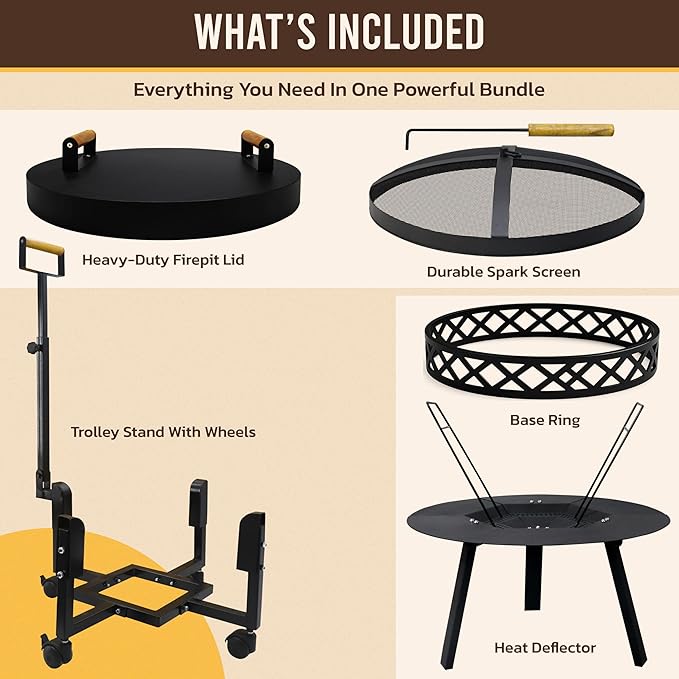 FEBTECH Spark Screen, Heat Deflector, Firepit Lid, Trolley Stand and Base Ring Combo - Compatible with Solostove Bonfire and Other 19.5" Fire Pit - 5 in 1 Firepit Accessories for Patio, Bonfire, Deck