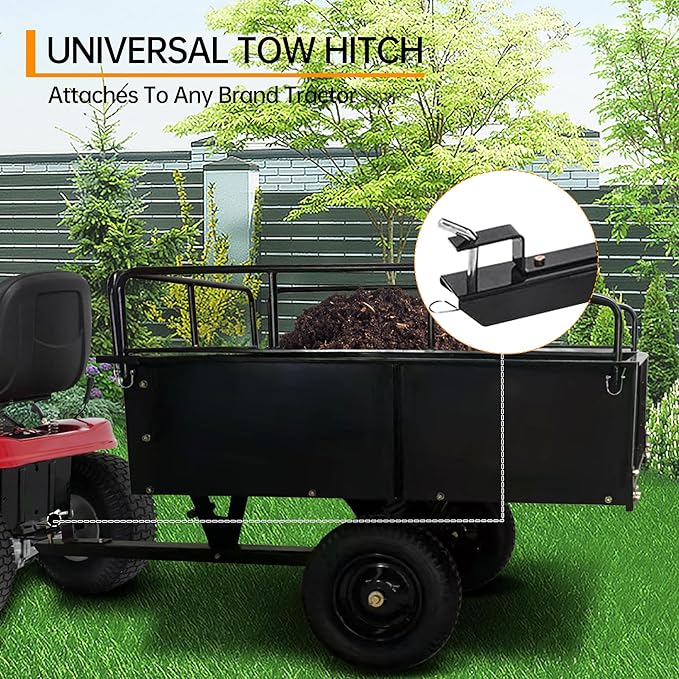 750LB Steel Dump Cart with All-Terrain Tires & Foot-Pedal Dumping, Heavy Duty Utility Trailer for Yard, Garden, and Construction Use, Compatible with ATV and Tractor