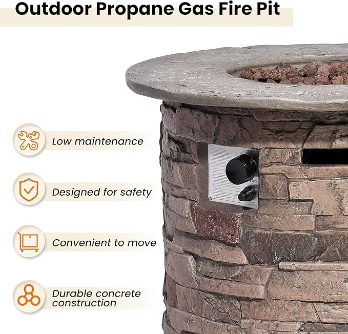 HOMPUS Outdoor Propane Fire Table, 32-inch Imitation Stone Concrete with Rain Cover and Lava Rocks - Smokeless, 40,000 BTU for Patio, Garden, Deck or Backyard