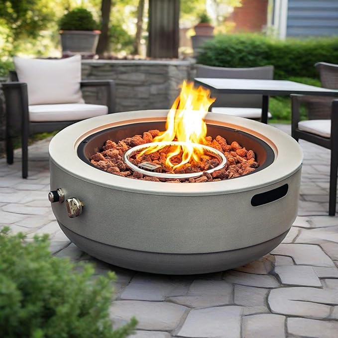 24" Round Propane Gas Fire Pit Bowl, 50,000 BTU Outdoor Gas Firepit Table Patio Burner with Steel Lid, Lava Rocks, Portable Design for Deck Backyard Garden Camping Party Use (Grey)