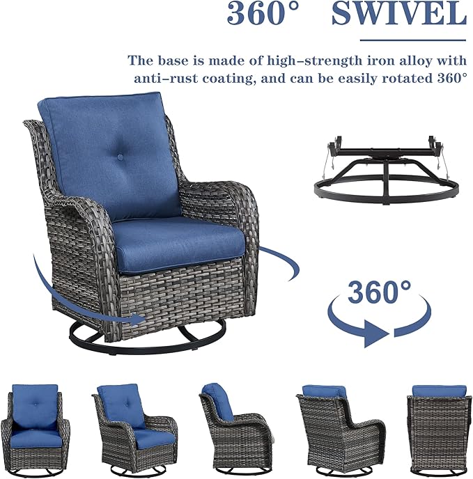 Belord 5 Pieces Patio Wicker Furniture Set - 4 Outdoor Swivel Rocker Glider Chairs with Propane Fire Pit Table, Patio Conversation Set Blue Cushion Perfect for Casual Gathering