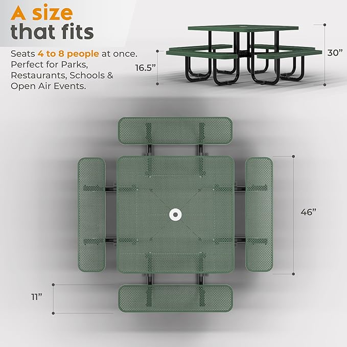 Metal Picnic Tables for Outdoors with Umbrella Hole - Coated Steel Heavy Duty Commercial Grade Furniture with Adjustable Seats (Green, 46 in, Square, Punched Steel)